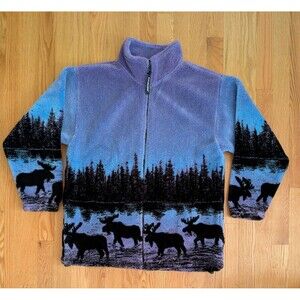 Vintage Black Mountain Womens Small Jacket Deep Pile Fleece Moose Purple 90s USA
